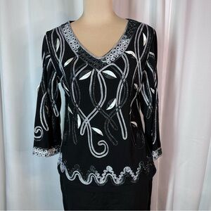 Lauren Michelle Top Sz M Black White Embellished Metallic Tunic Blouse Artsy EUC
